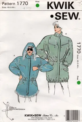 Kwik Sew 1770 Womens Zip Front Parka Ski Jacket 1980s Vintage Sewing Pattern Size XS - L UNCUT Factory Folded