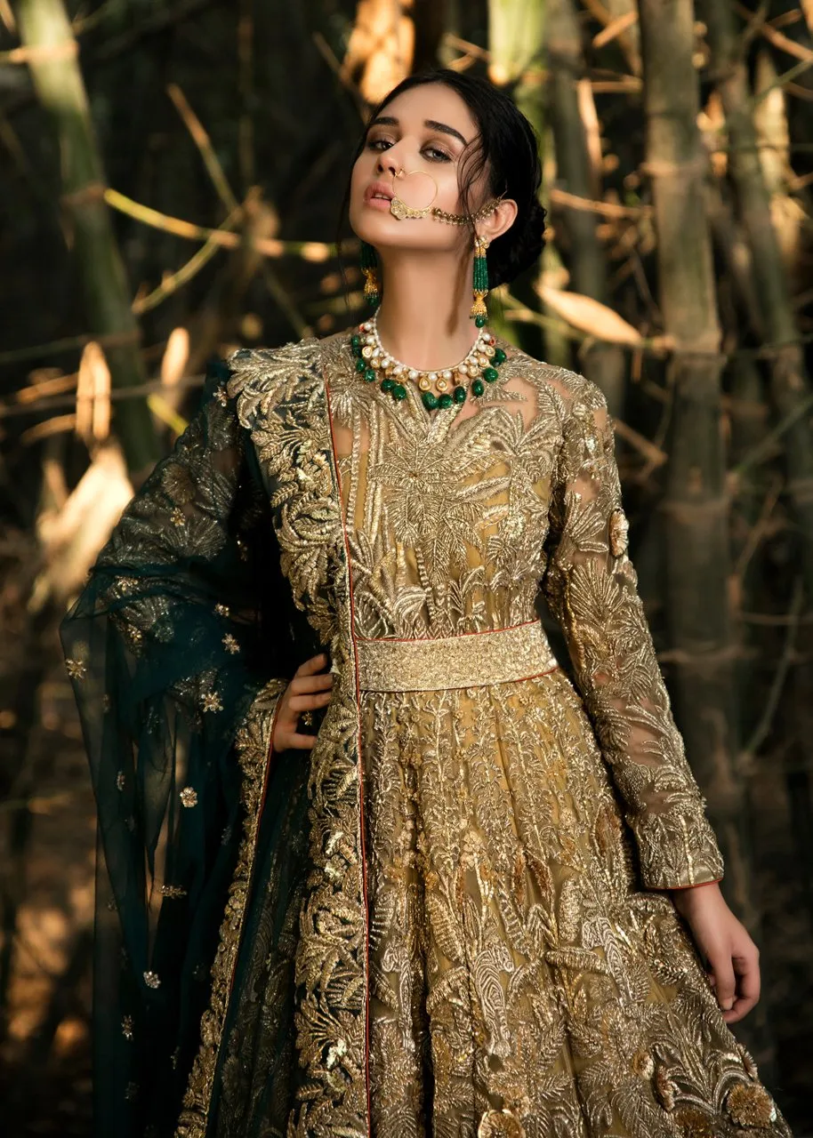 Latest embellished Indian lining dress in gold color for wedding wear # B3405