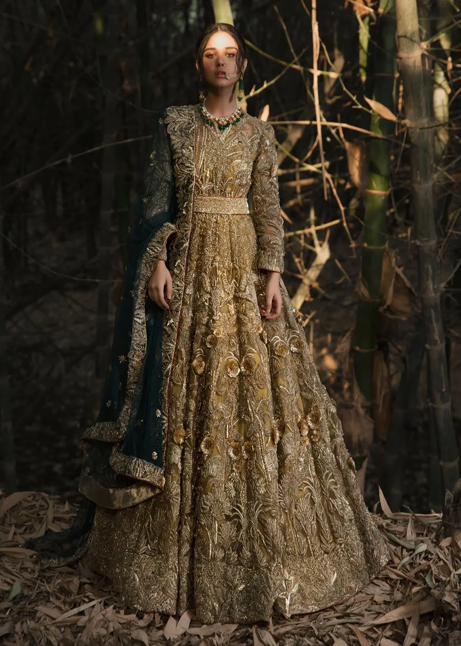 Latest embellished Indian lining dress in gold color for wedding wear # B3405