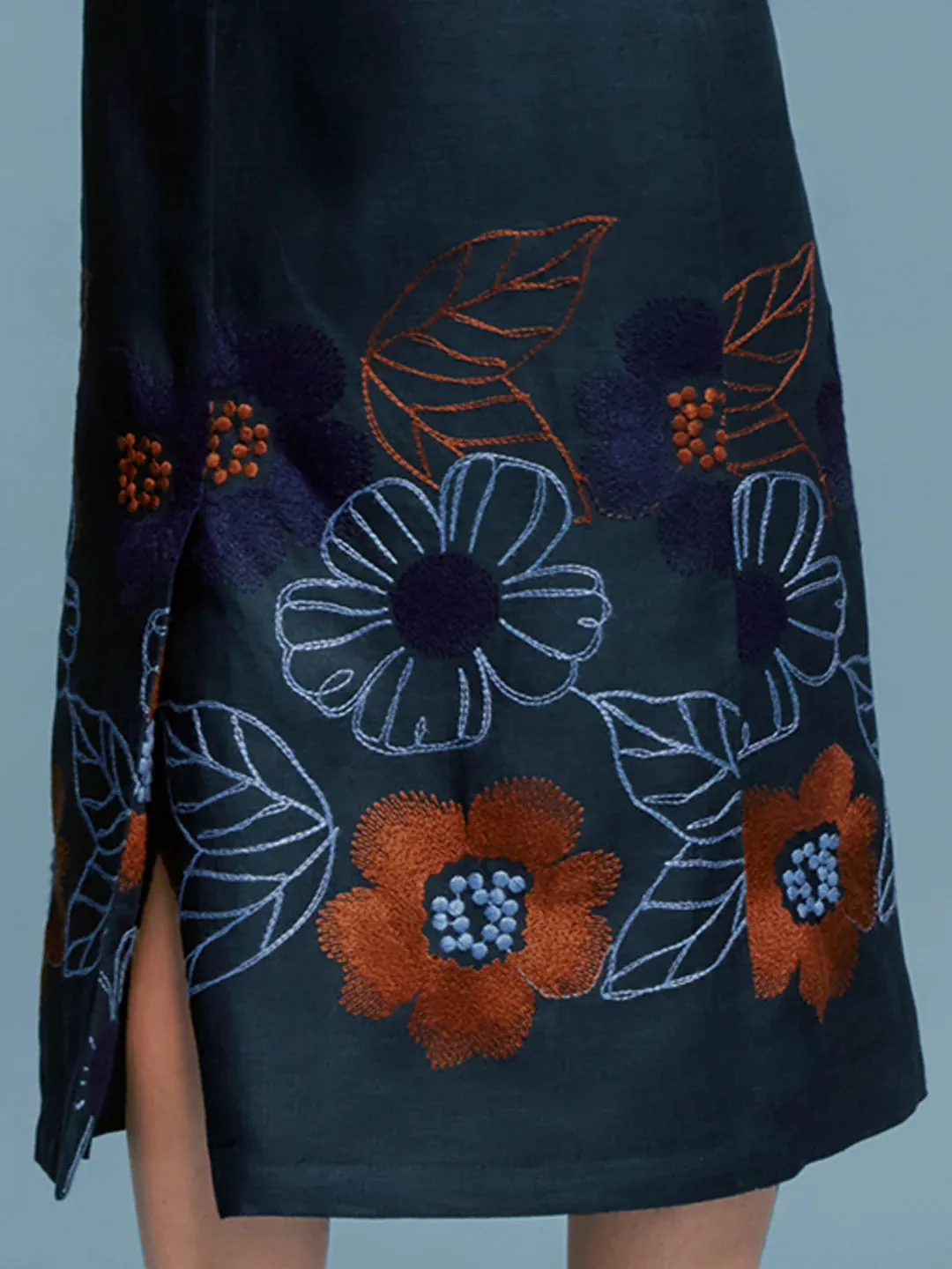 Layan Skirt - Navy Ochre Flower Embroidery