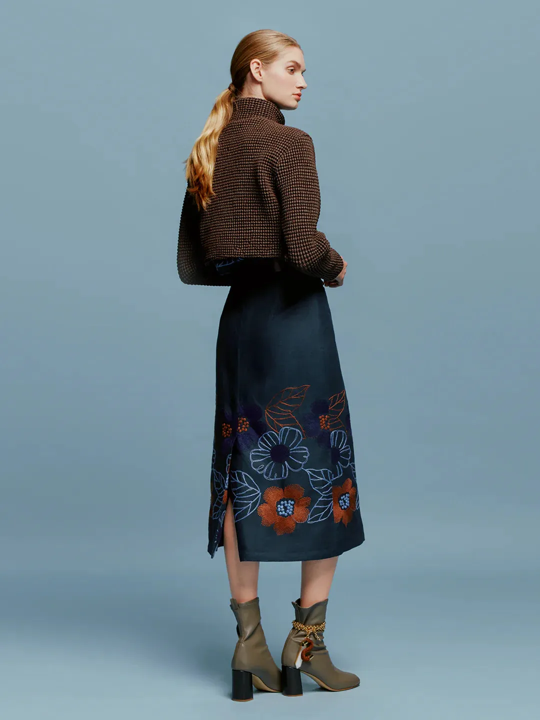 Layan Skirt - Navy Ochre Flower Embroidery