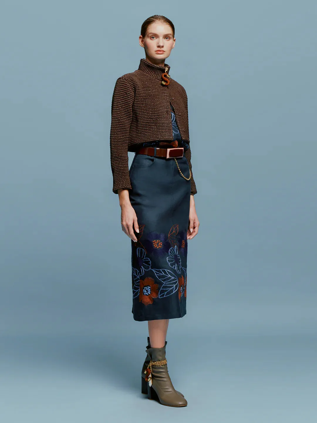 Layan Skirt - Navy Ochre Flower Embroidery