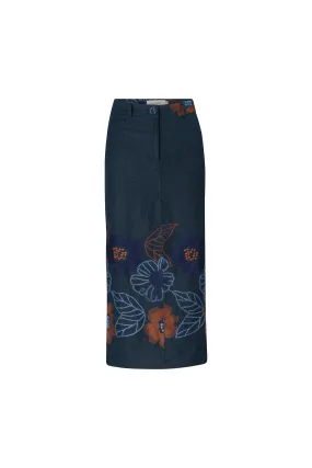 Layan Skirt - Navy Ochre Flower Embroidery