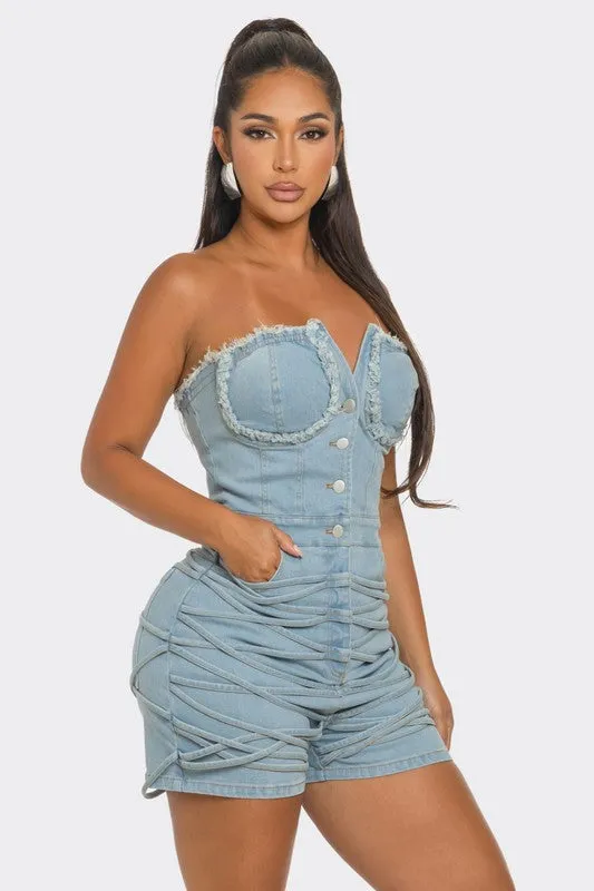 LINK ME | Frayed Edge Denim Corset Romper