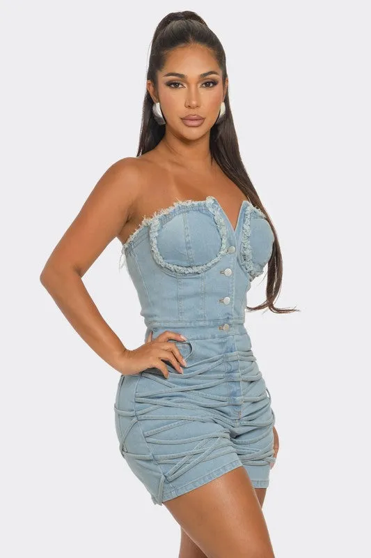 LINK ME | Frayed Edge Denim Corset Romper