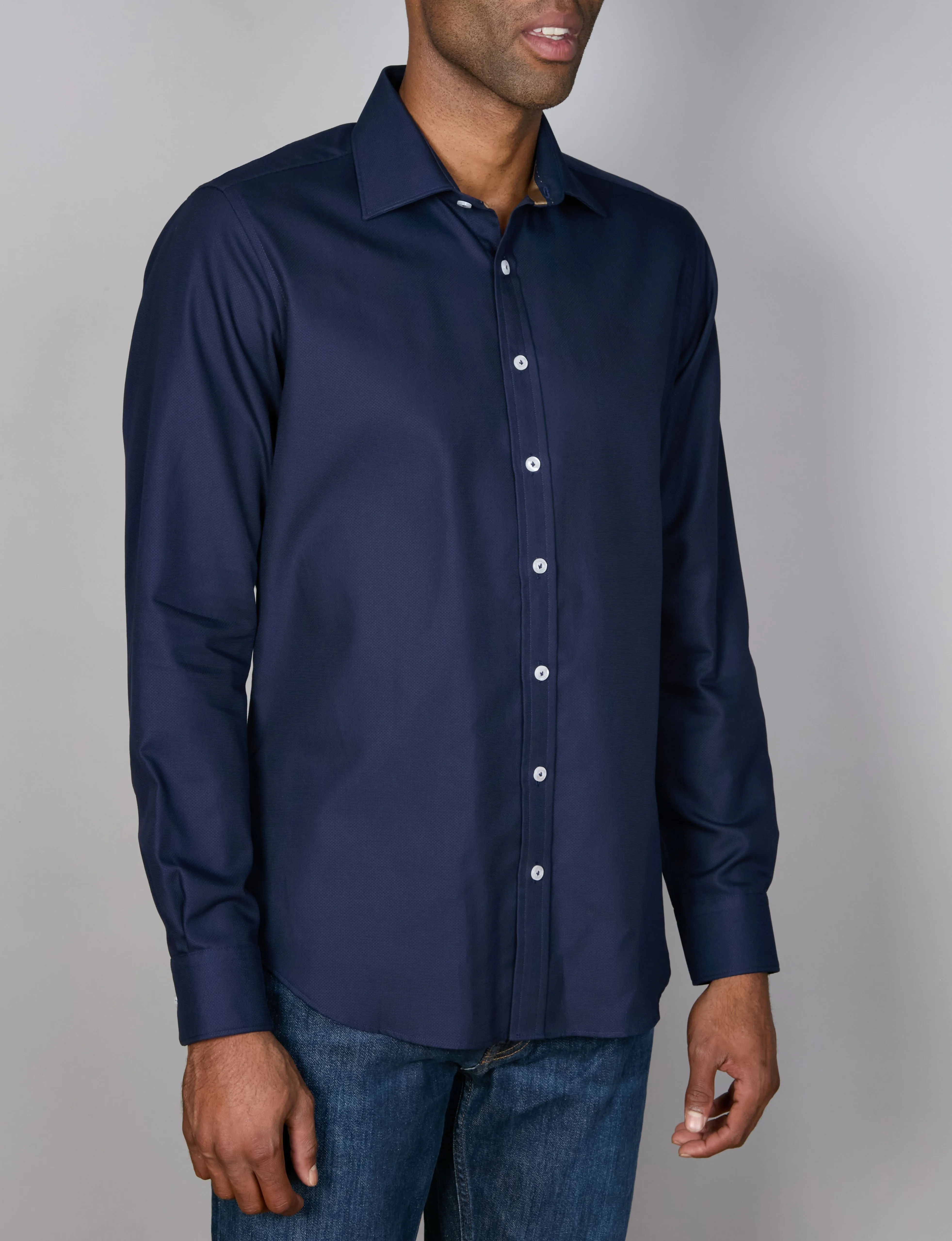 Long Sleeve Sports Shirt - Textured - Navy