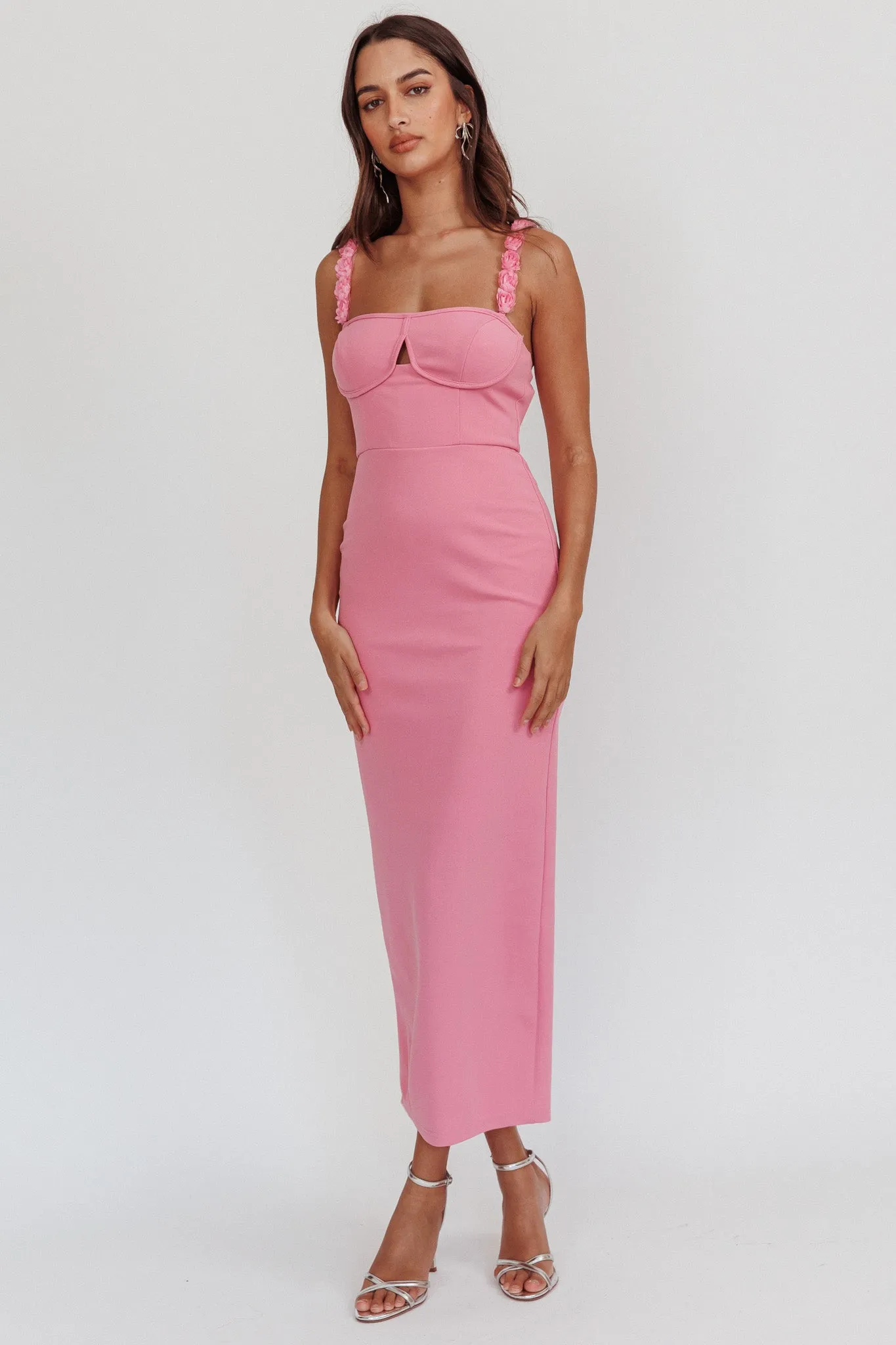 Marteen Rosette Strap Midi Dress Pink