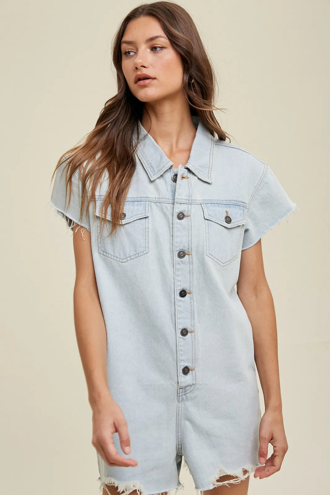 Medley Cotten Denim Romper With Distressed Detail *FINAL SALE*