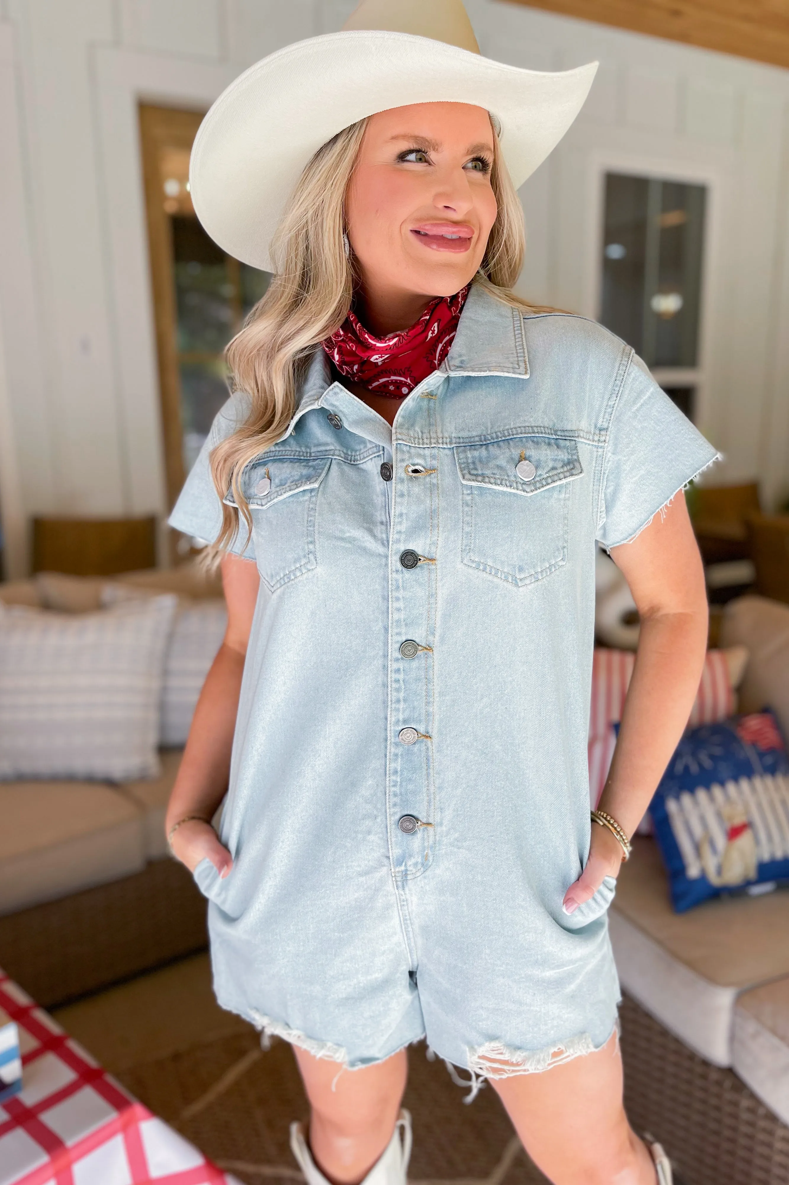 Medley Cotten Denim Romper With Distressed Detail *FINAL SALE*