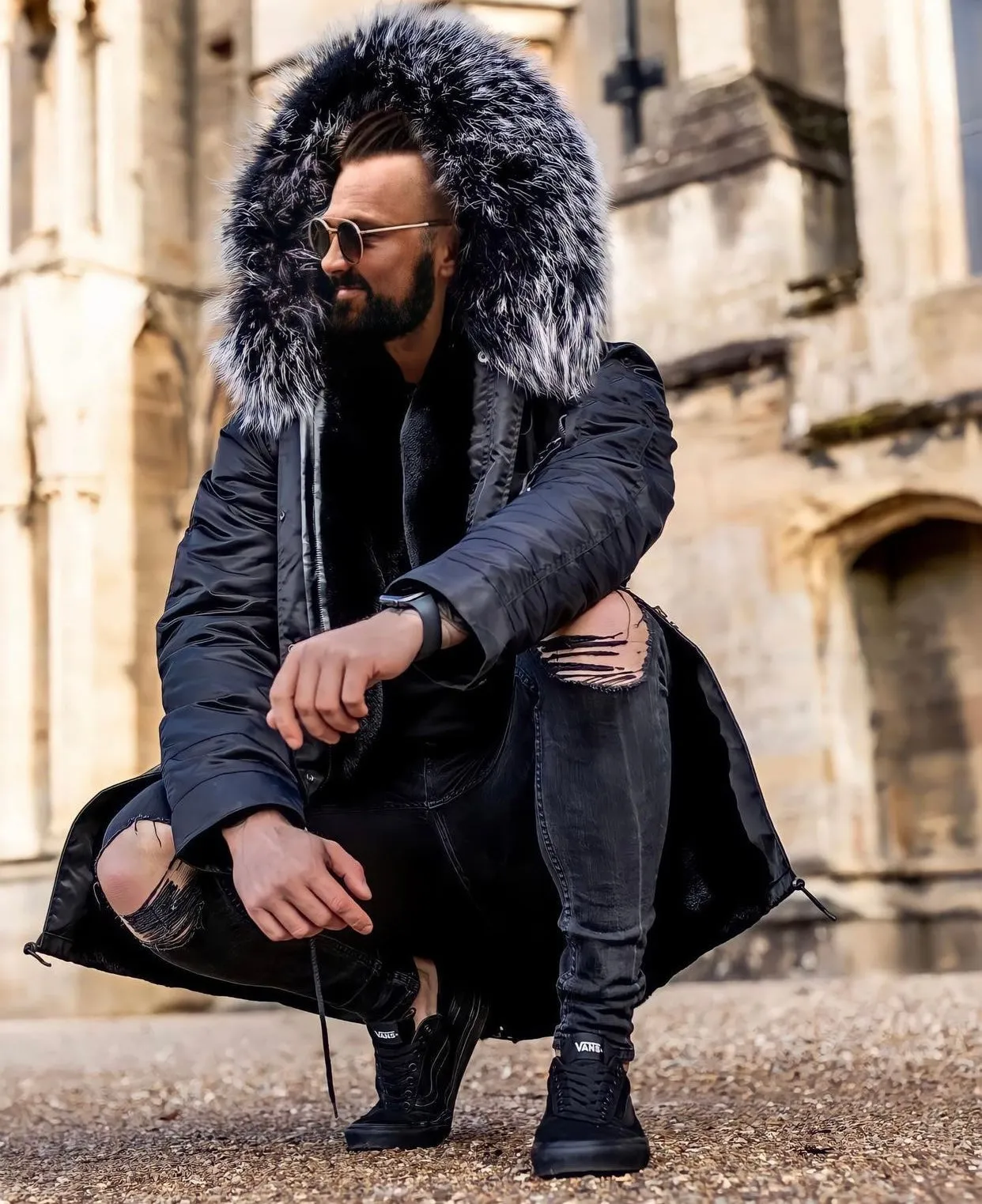 Men Black and Grey Fox Fur Parka