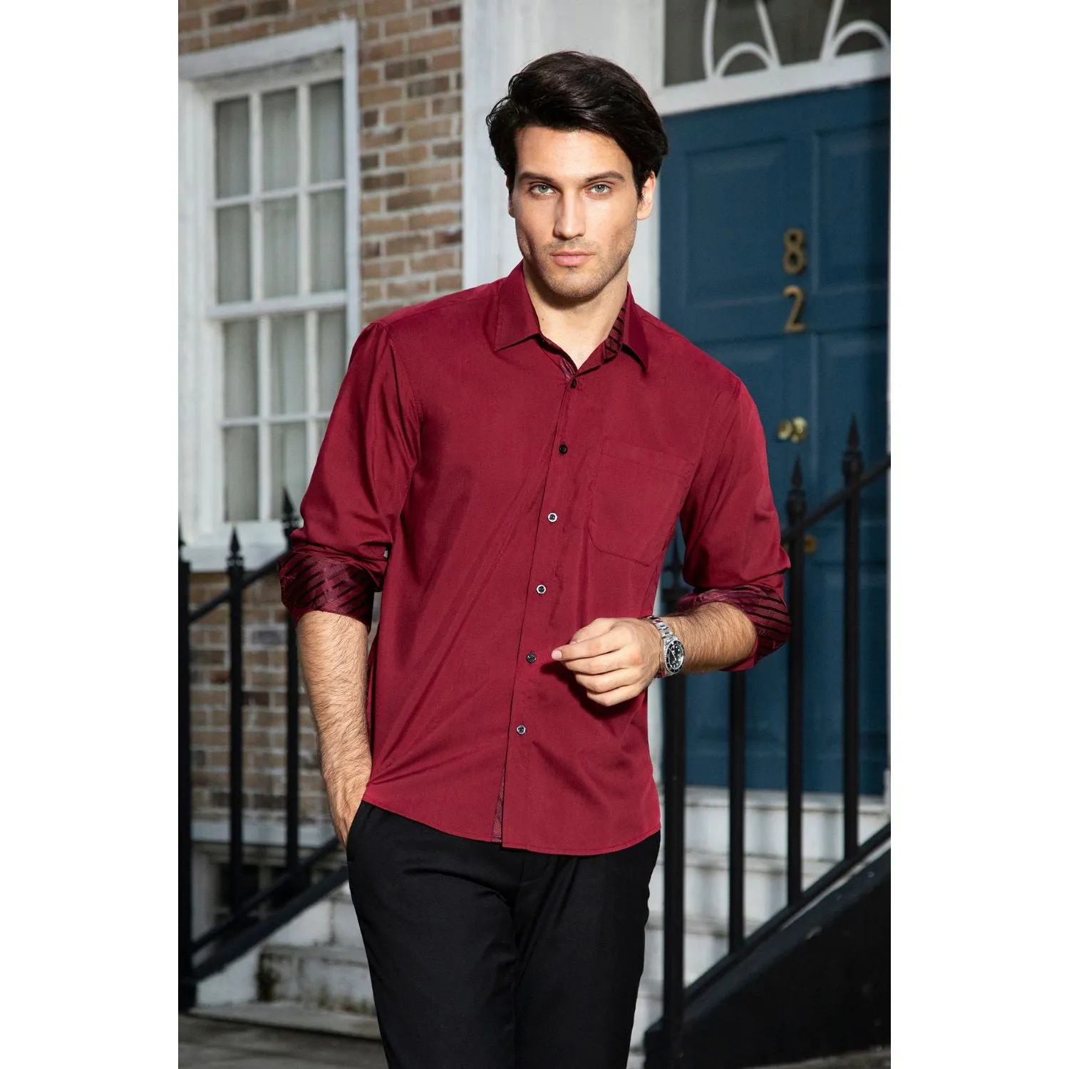 Men's Patchwork Dress Shirt with Pocket - BURGUNDY/STRIPED