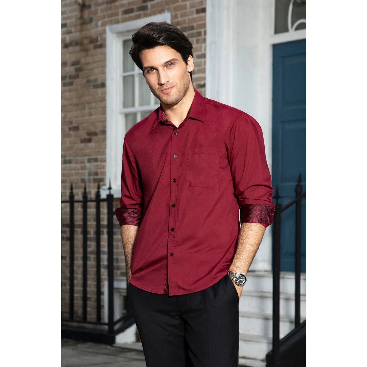 Men's Patchwork Dress Shirt with Pocket - BURGUNDY/STRIPED