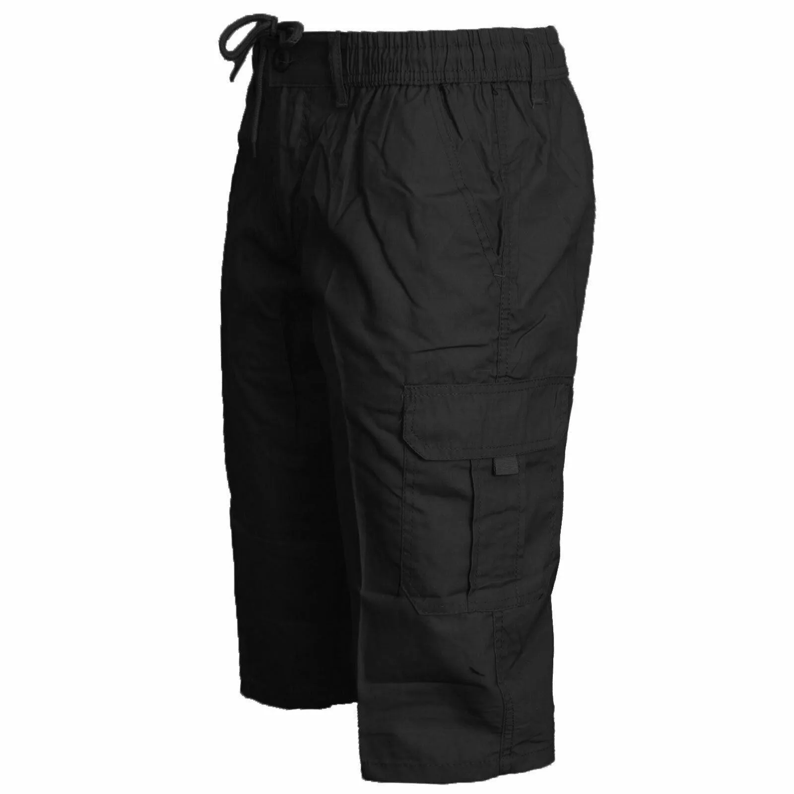 Mens Plain 3/4 Shorts Elasticated Waist Cargo Combat Long Pants Trousers M-3XL