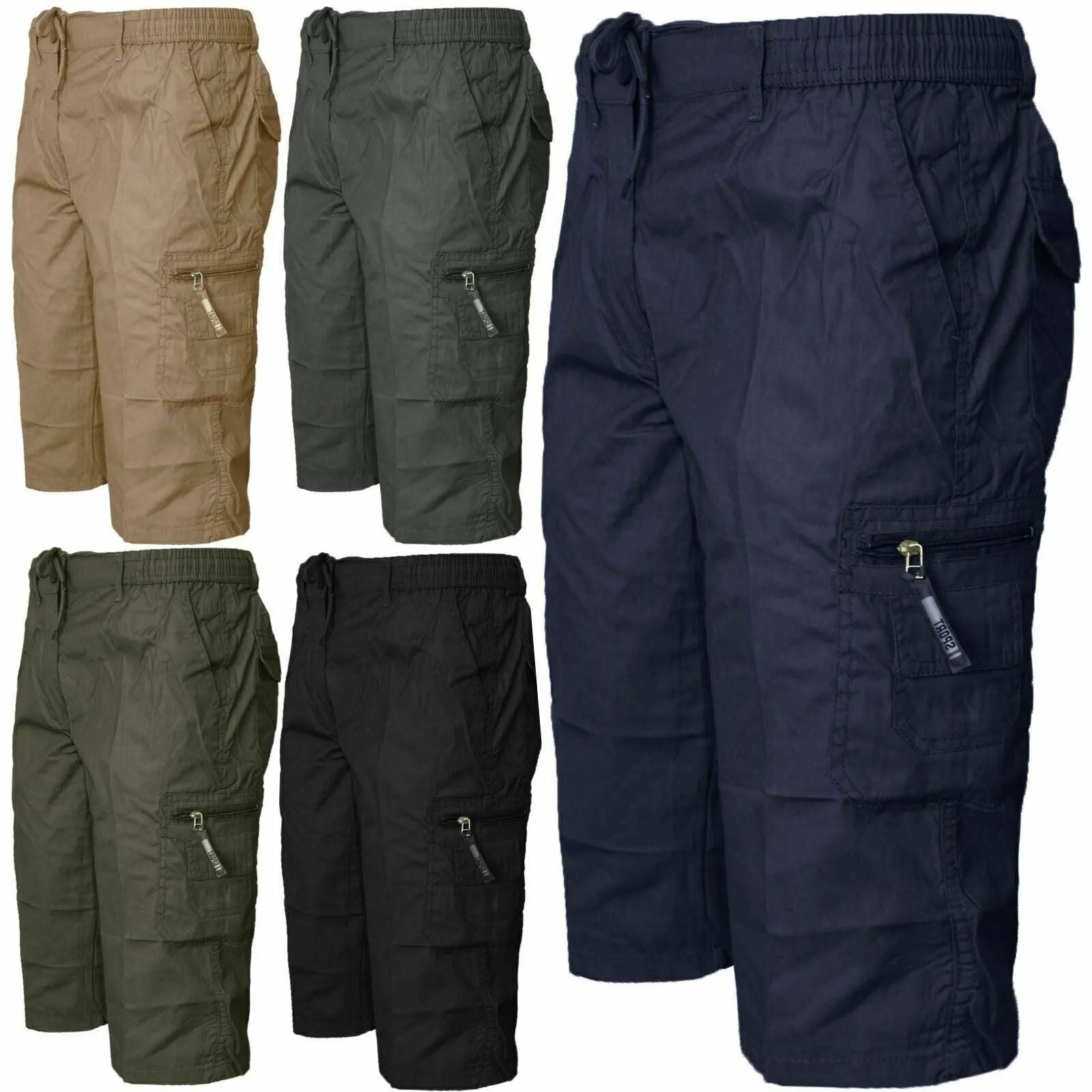 Mens Plain 3/4 Shorts Elasticated Waist Cargo Combat Long Pants Trousers M-3XL