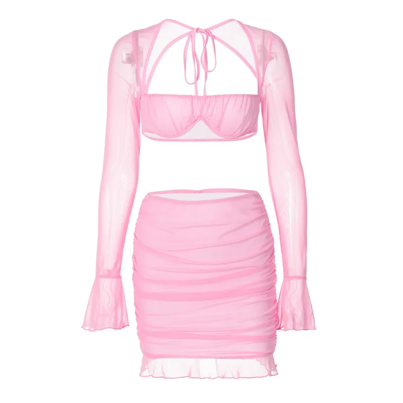 Mesh Long Sleeve Pleated Crop Top   Mini Skirt 2 PCS Set