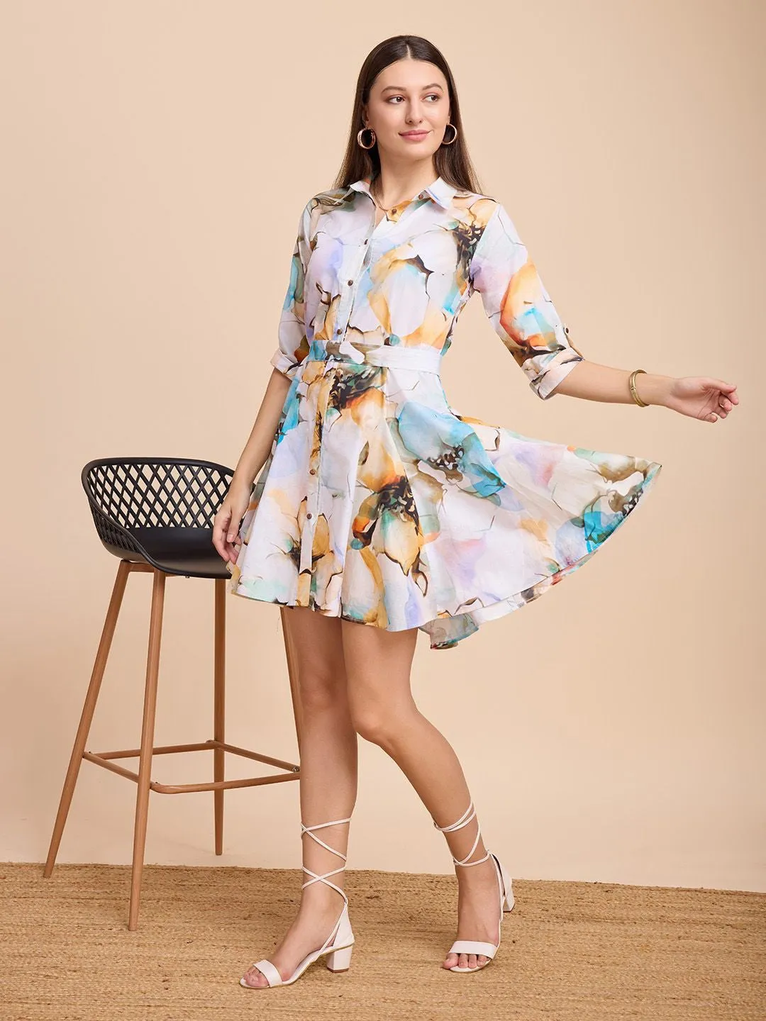 Multicolor Printed Shirt Dress with Shirt Collar