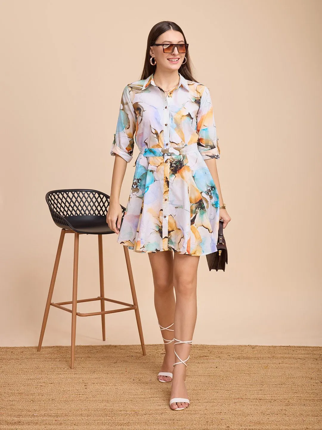 Multicolor Printed Shirt Dress with Shirt Collar