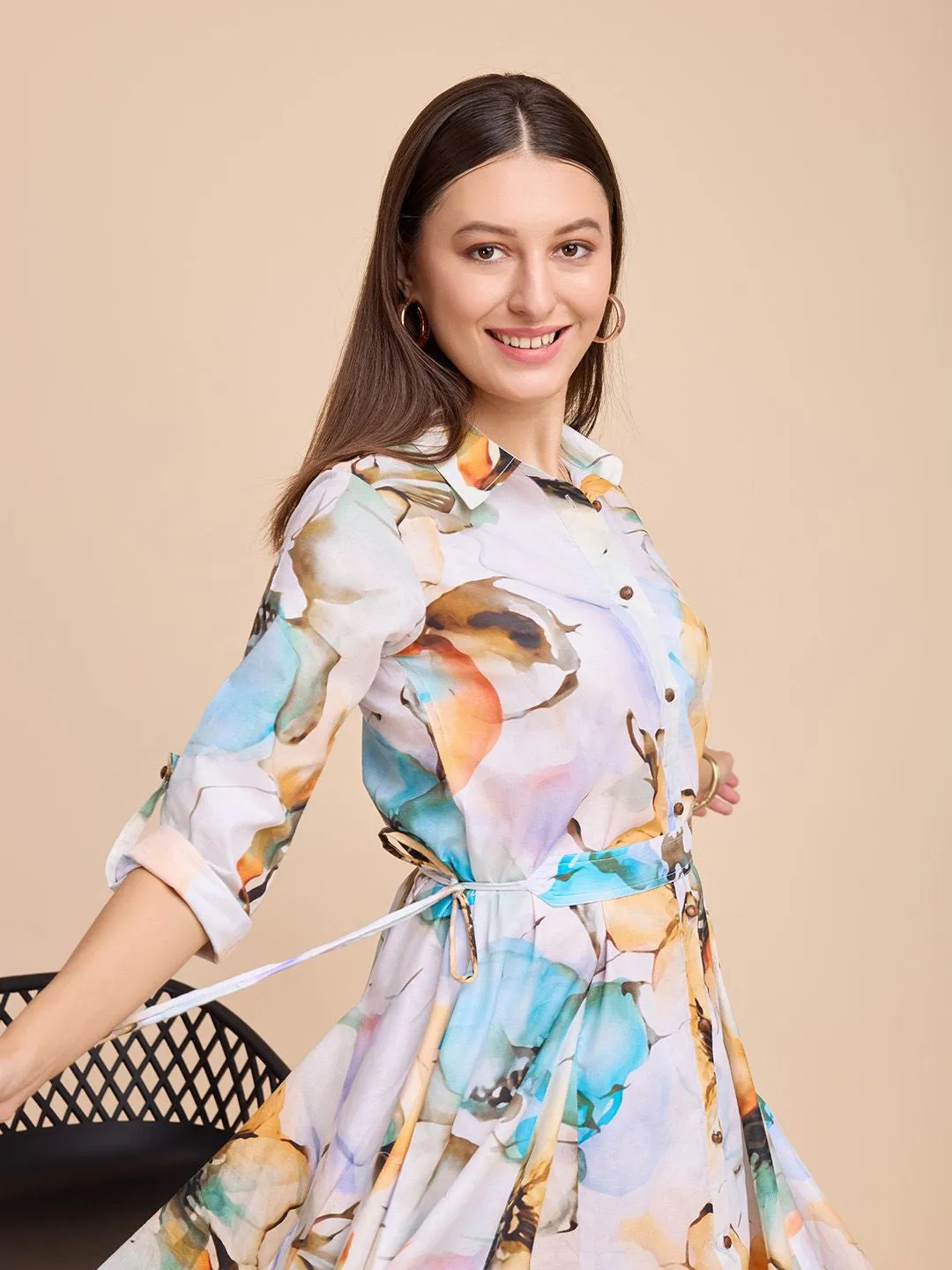 Multicolor Printed Shirt Dress with Shirt Collar