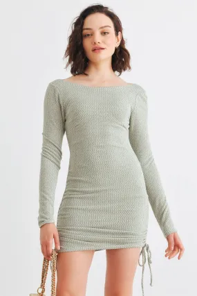 Olive & White Knit Long Sleeve Ruched Mini Dress /1-3-2-1