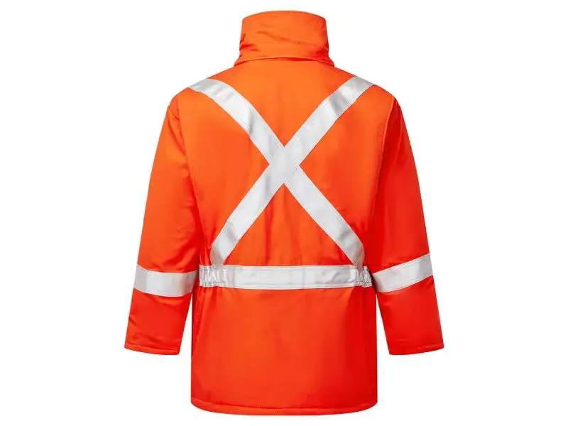 Portwest® Ultrasoft 9oz Hi-Vis Two-way Zipper FR Fleece Lined Insulated Parka Jacket - X Back - Orange - IUS515