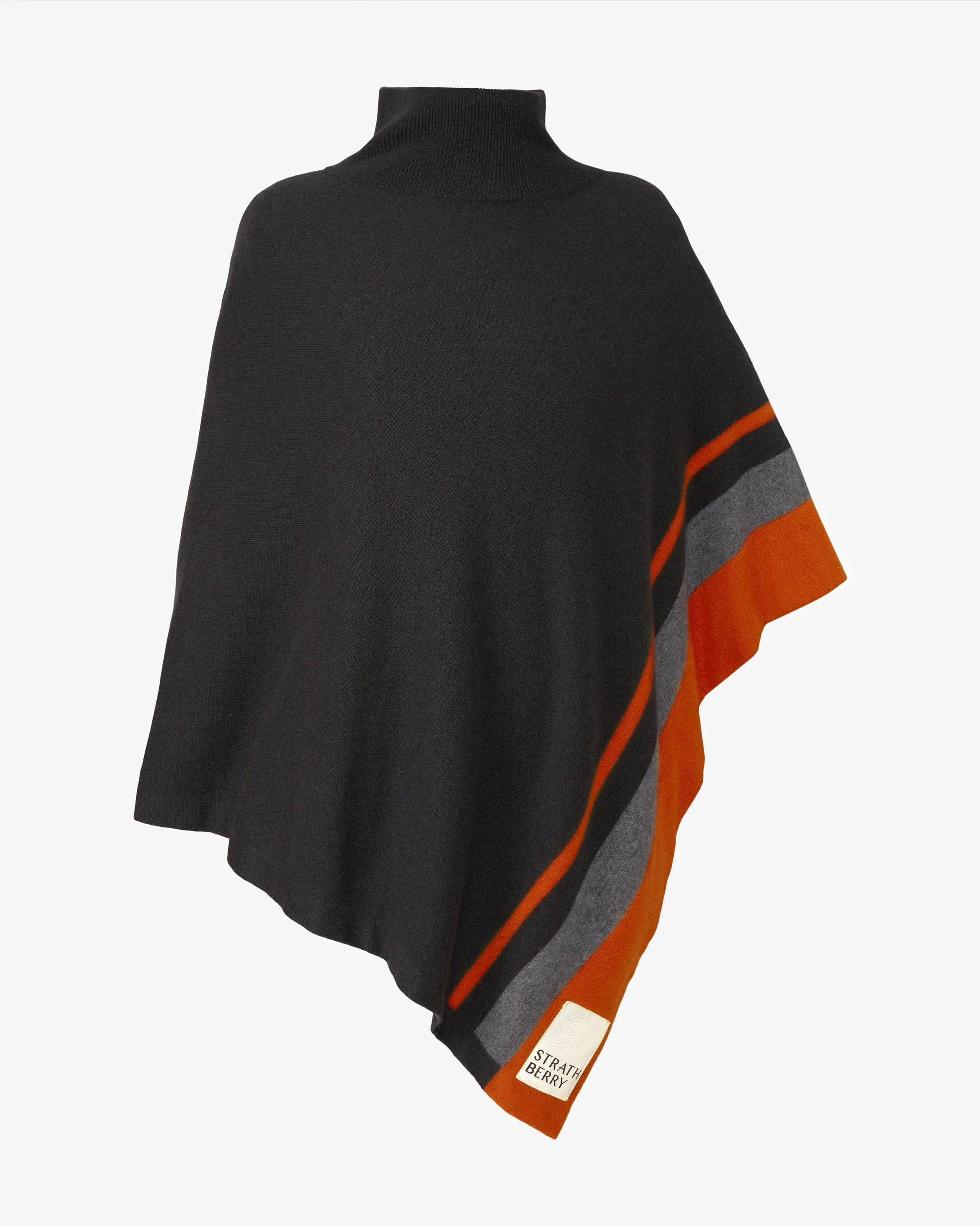 Pure Cashmere Asymmetric Poncho - Charcoal/Grey/Marmalade