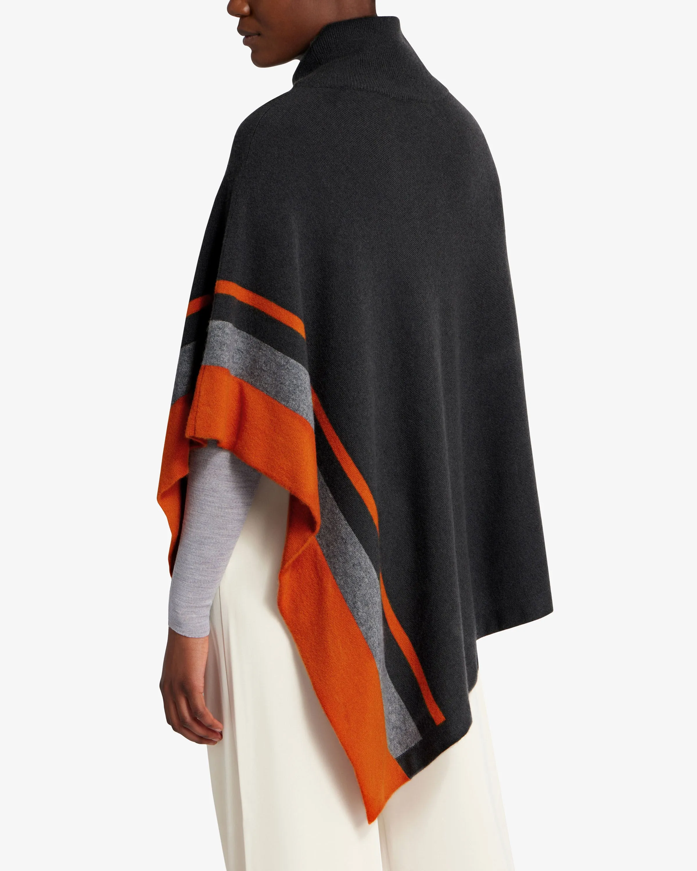 Pure Cashmere Asymmetric Poncho - Charcoal/Grey/Marmalade