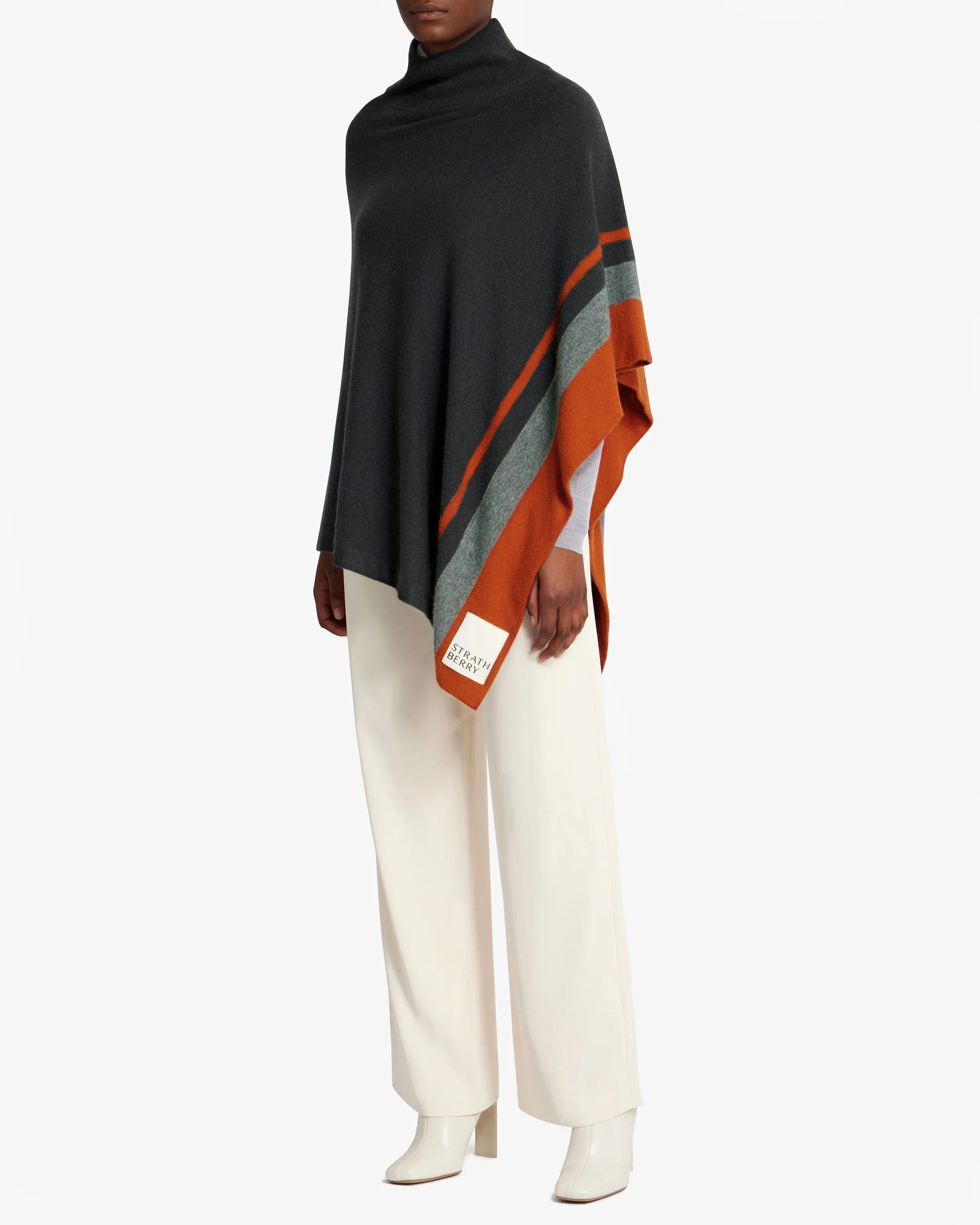 Pure Cashmere Asymmetric Poncho - Charcoal/Grey/Marmalade