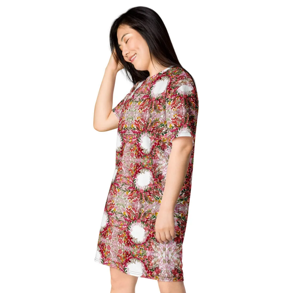 Red Floral T-Shirt Dress, Fall Theme Flower Print Women's Tee Long Oversize Comfy Dress-Made in USA/EU