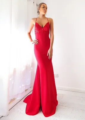 Red sequin lace stretch knit mermaid dress