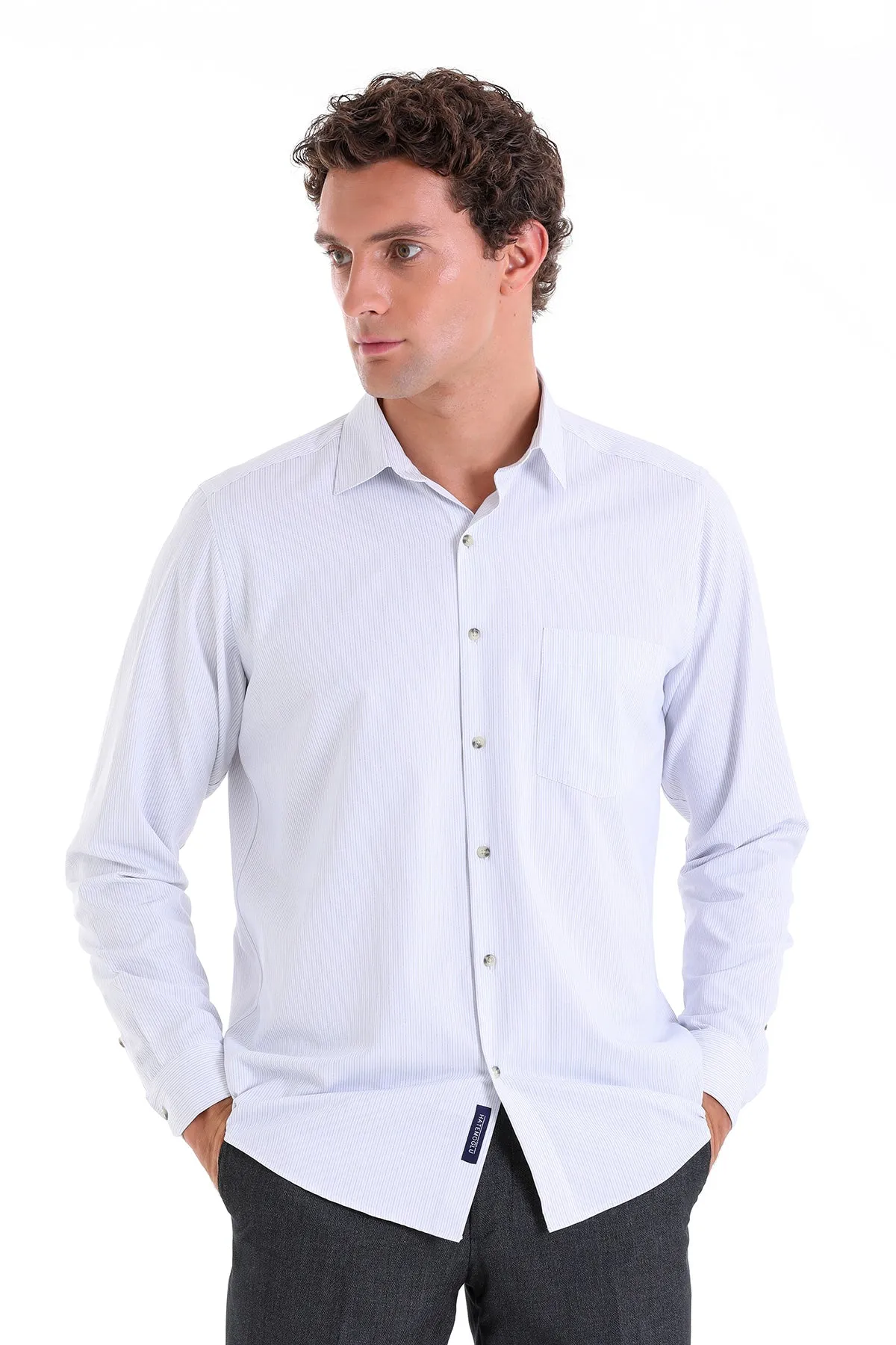 Regular Fit Striped Cotton Blend Blue Dress Shirt