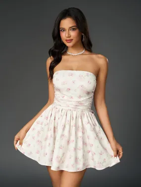 Ruched Bow Tie Back Floral Print Tube Dress