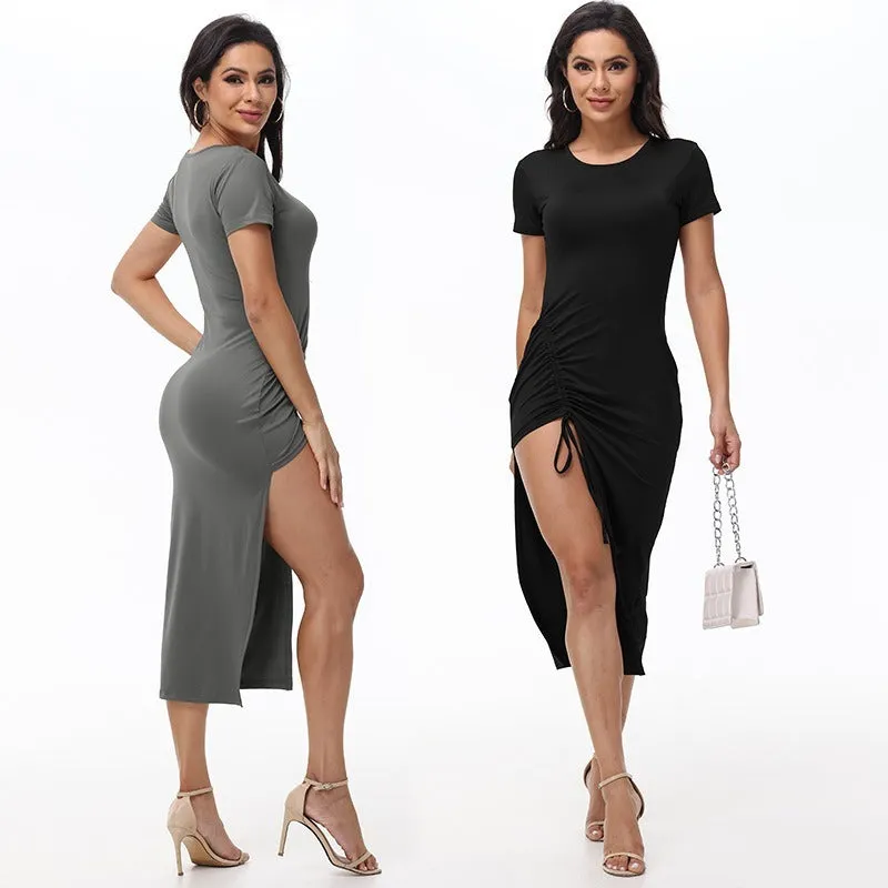 Ruched Side-Slit Bodycon Midi Dress – Perfect for Dates