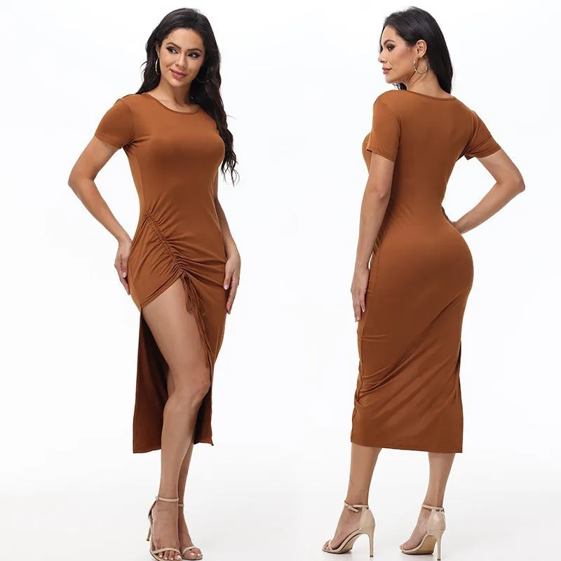 Ruched Side-Slit Bodycon Midi Dress – Perfect for Dates