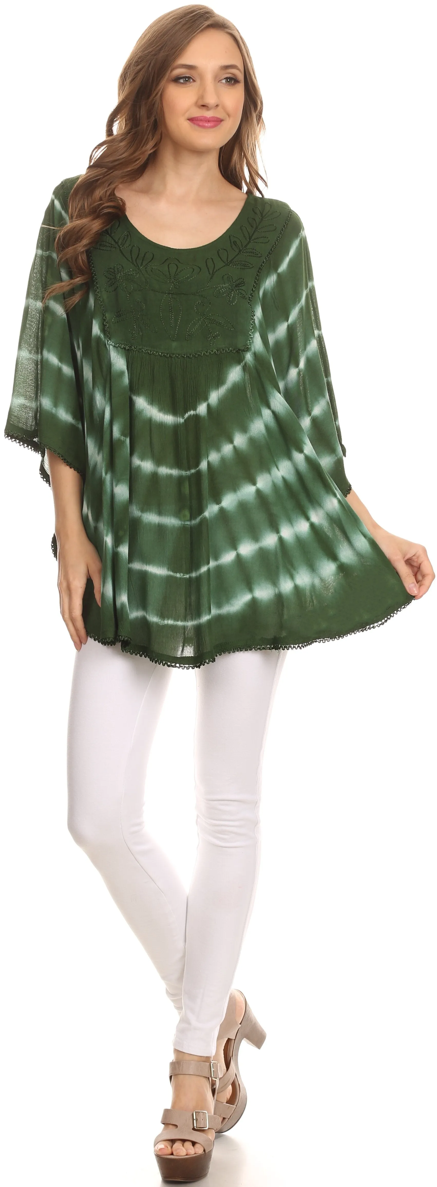 Sakkas Alannis Tie Dye Circle Poncho Top With With Wide Scoop Neck And Embroidery