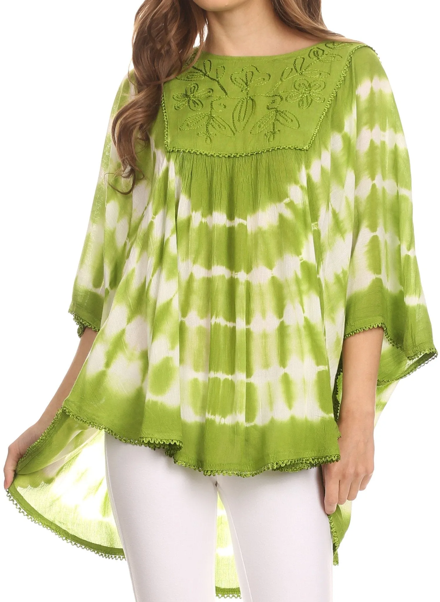 Sakkas Alannis Tie Dye Circle Poncho Top With With Wide Scoop Neck And Embroidery