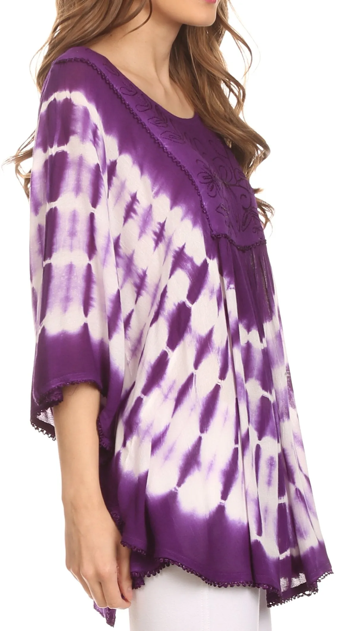 Sakkas Alannis Tie Dye Circle Poncho Top With With Wide Scoop Neck And Embroidery