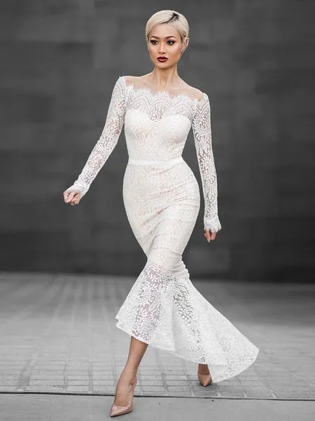 Sexy Lace Dress White Mermaid Off The Shoulder High Low Bodycon Dress