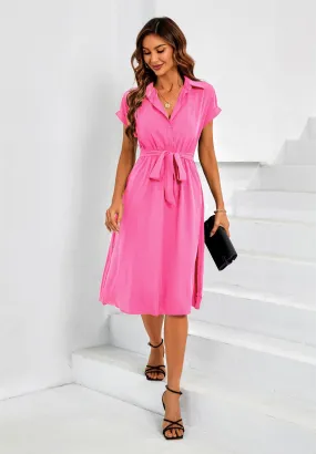 Short Sleeve Shirt Midi Dress In Pink