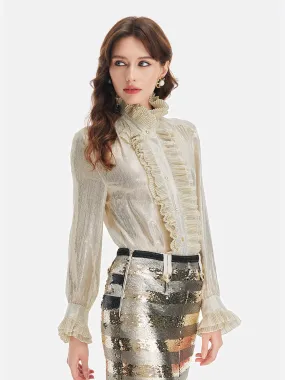 Silk Gold-Foil Pleated Shirt