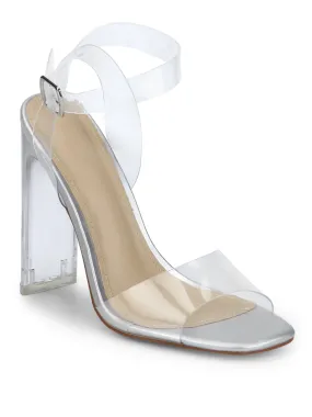 Silver Clear Ankle Strap Slim Block Heels