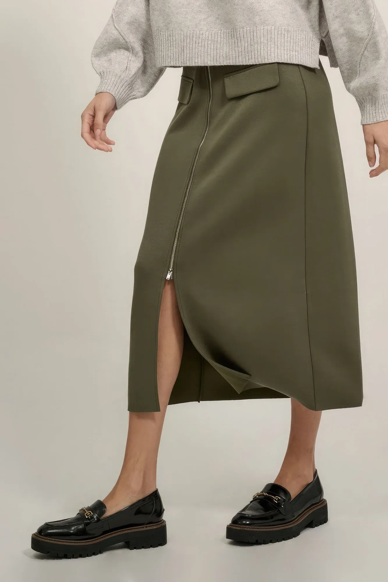 Solid High Waist Zipper Front Slit Midi Skirt