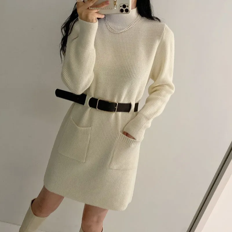 Sweater A-Line Knitted Dress With Belt