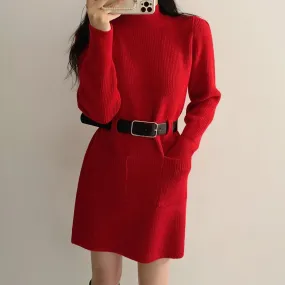 Sweater A-Line Knitted Dress With Belt