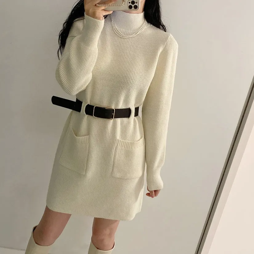 Sweater A-Line Knitted Dress With Belt