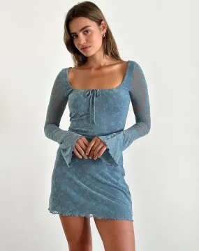 Tatyana Mini Dress in Grunge Floral Blue Grey