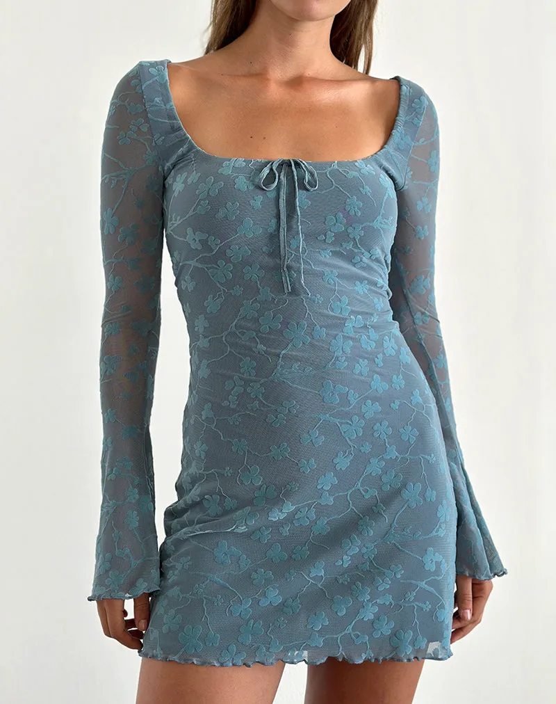 Tatyana Mini Dress in Grunge Floral Blue Grey