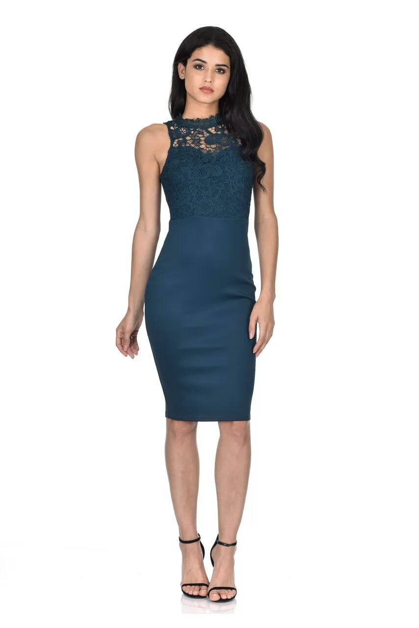 Teal High Neck Crochet Bodycon Dress