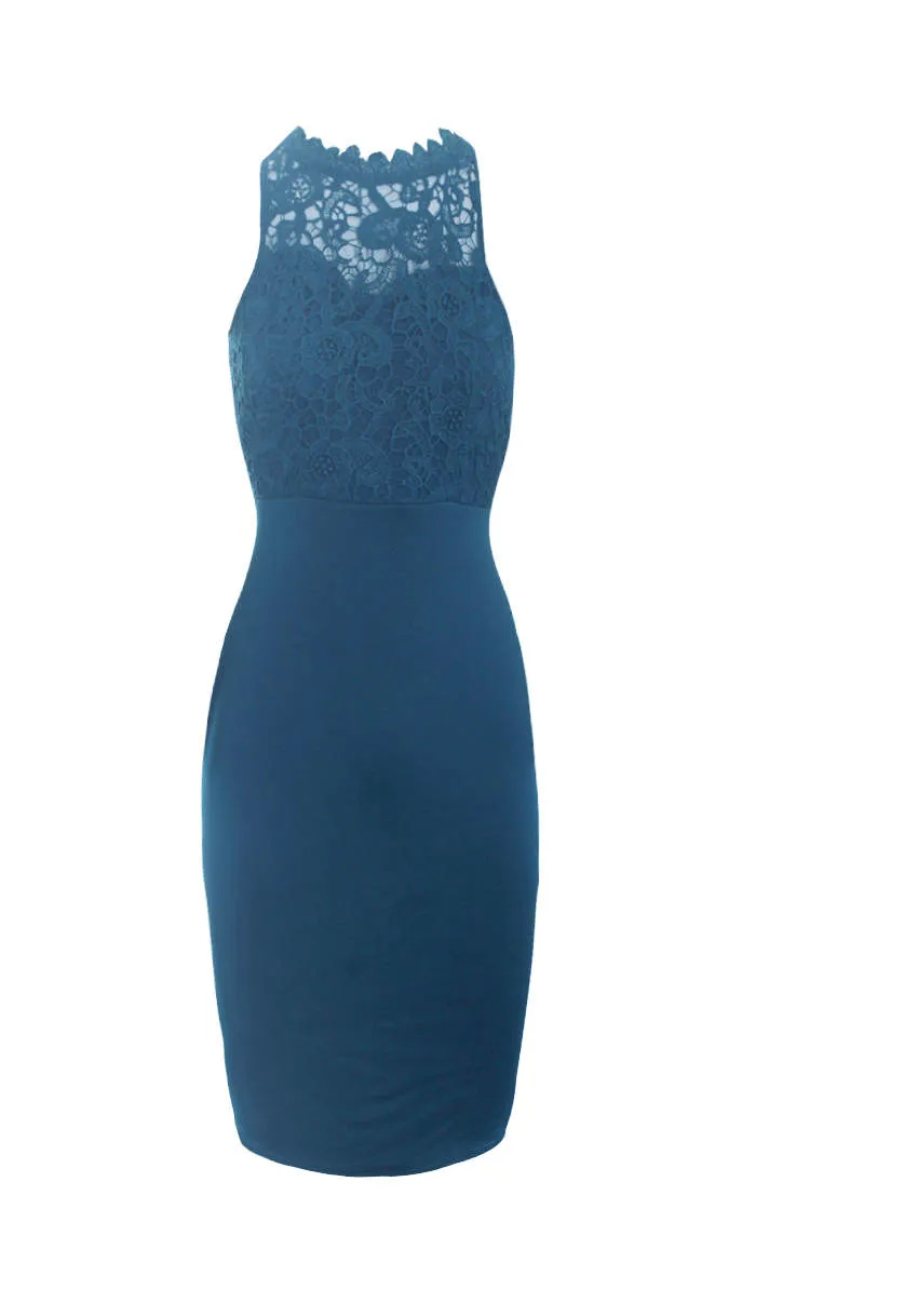 Teal High Neck Crochet Bodycon Dress