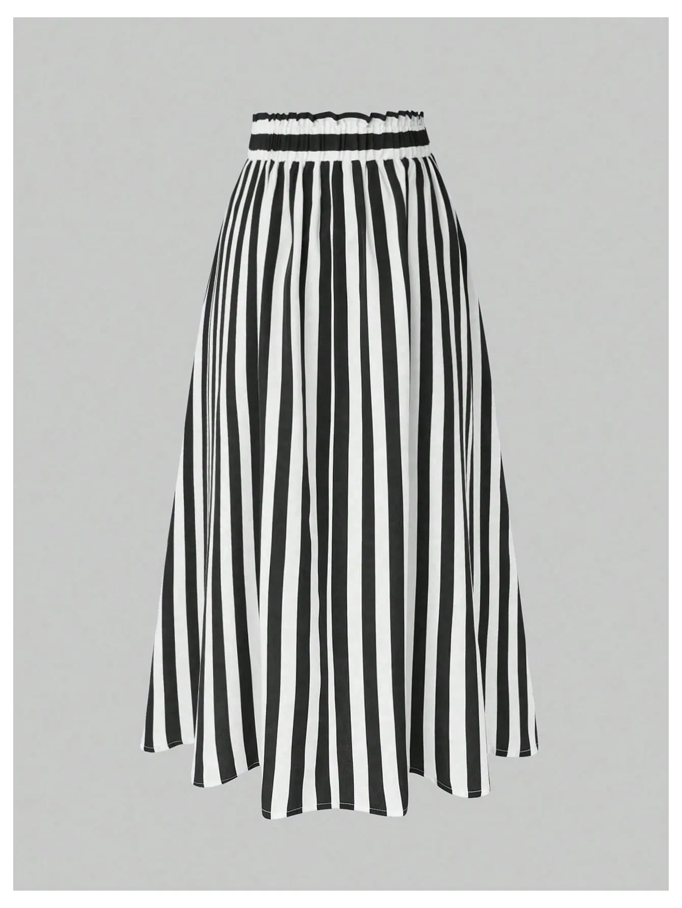 WDIRARA Women's Plus Size Striped Flare Button Front High Waist Pocket A Line Midi Skirt Black and White