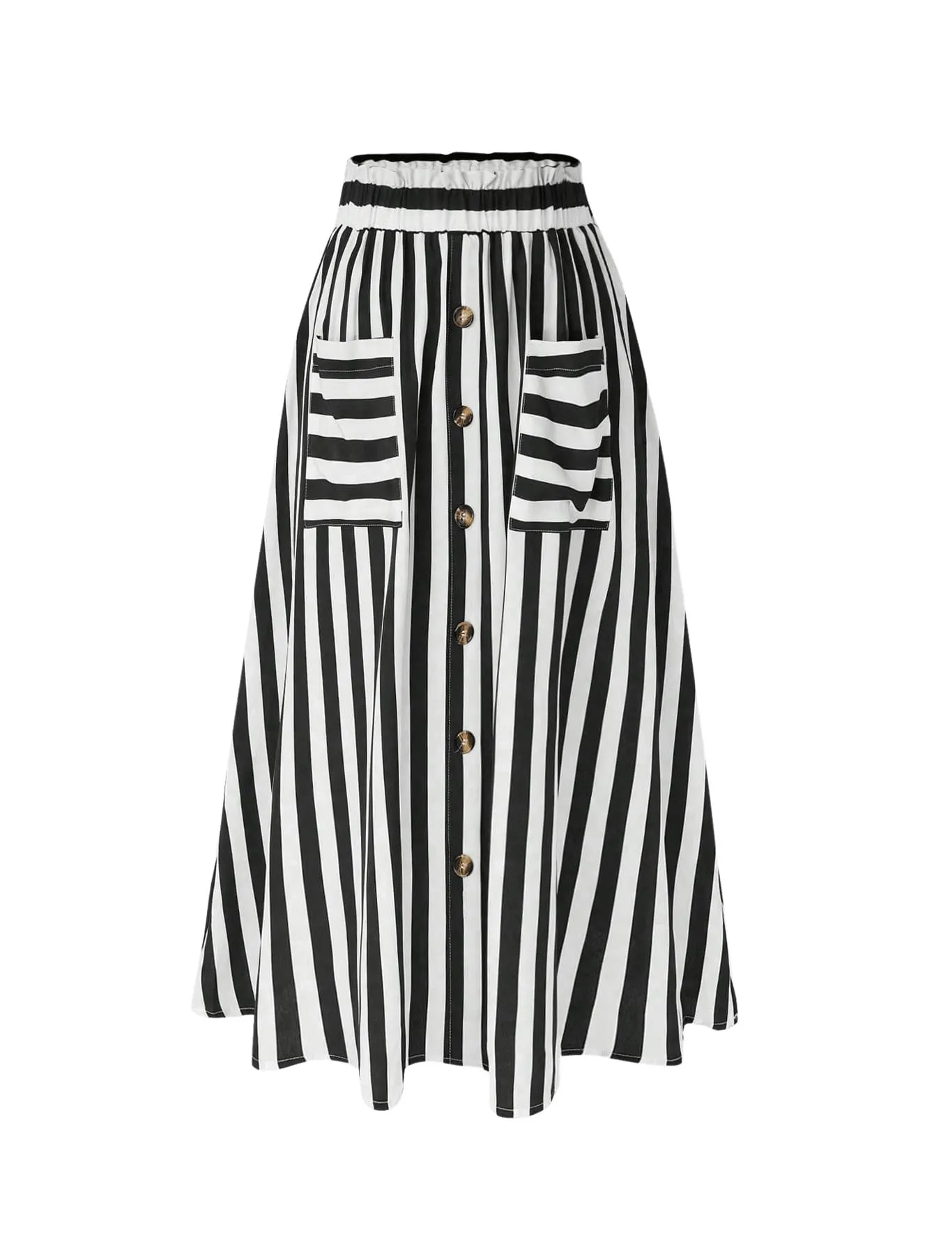 WDIRARA Women's Plus Size Striped Flare Button Front High Waist Pocket A Line Midi Skirt Black and White